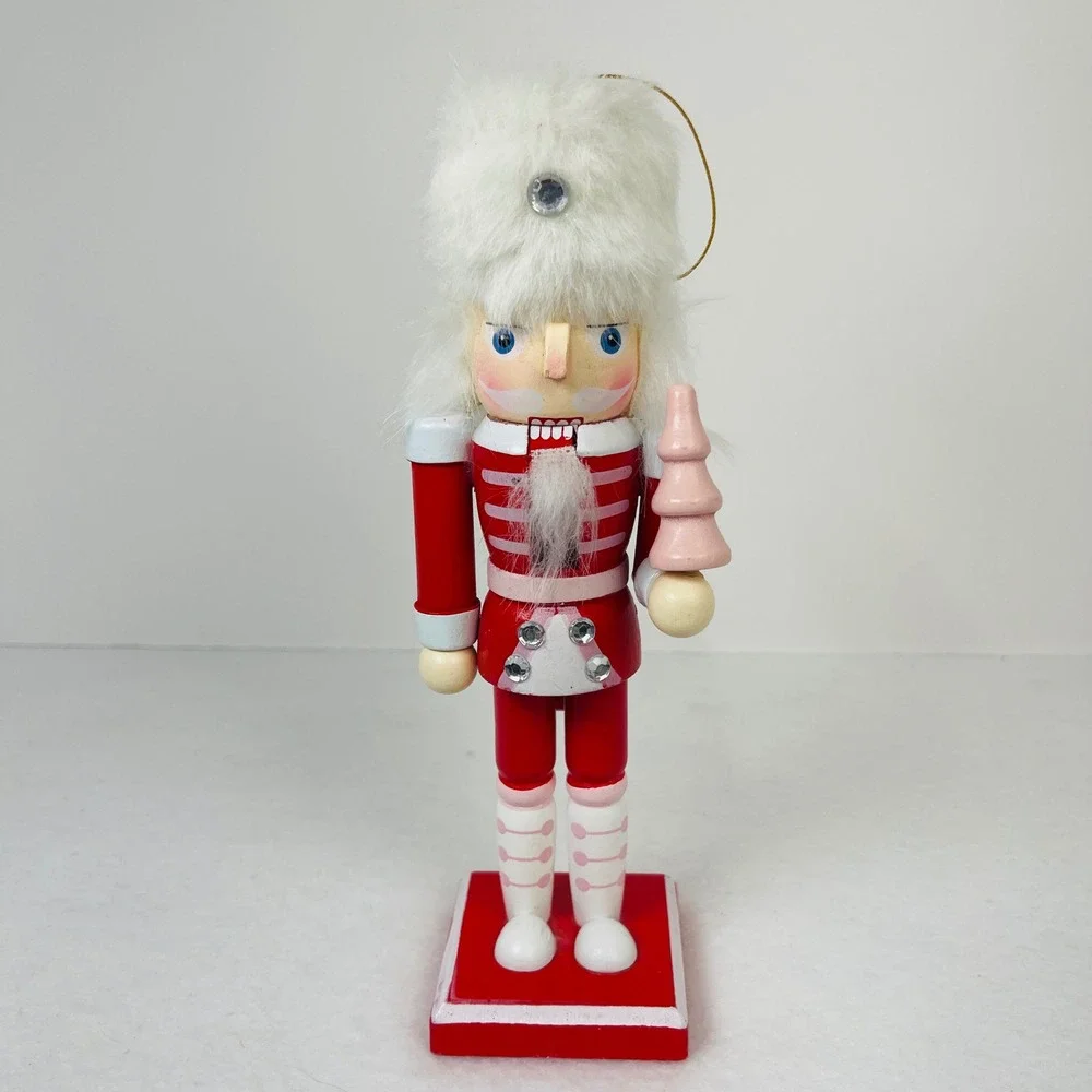 Red and Pink Wooden Nutcracker Soldier with Faux Fur Hat and Pink Tree 8 Inch